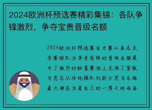 2024欧洲杯预选赛精彩集锦：各队争锋激烈，争夺宝贵晋级名额